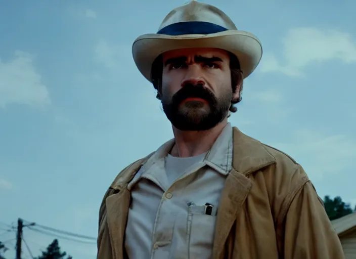 Prompt: film still of jim hopper as dustin henderson in stranger things, 8 k