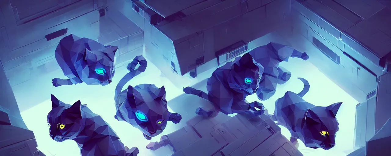 Image similar to duotone noir scifi concept illustration of lowpoly cats inside box floating zero gravity glowing 3 d mesh portals futuristic, glowing eyes, octane render, surreal atmosphere, volumetric lighting. accidental renaissance. by sachin teng and sergey kolesov and ruan jia and heng z. graffiti art, scifi, fantasy, hyper detailed. trending on artstation