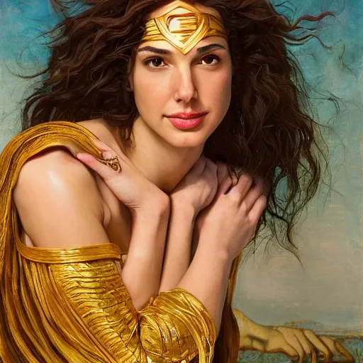 Prompt: Oil painting of the beautiful woman Gal Gadot, she is wearing some withe ancient greek cloths and a surreal ornate, her hair is natural disheveled, naturalism, dramatic lighting, high-detailed oil painting by Ilya Repin, Michelangelo da Caravaggio, William Blake, Alex Grey and Beksinski, trending on Artsatio, masterpiece, 4k, 8k,