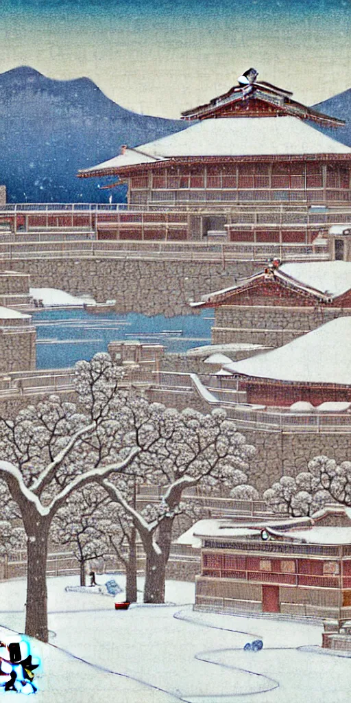 Image similar to a beautiful ancient greek bathhouse in the winter by hasui kawase