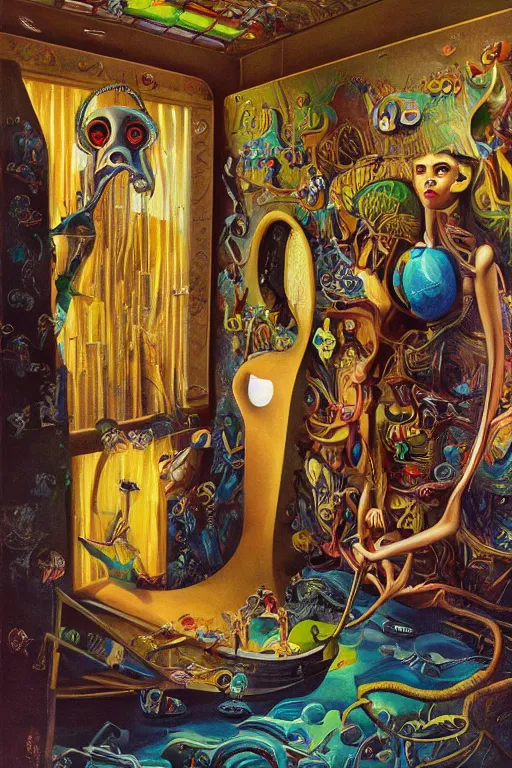 Image similar to surrealist painting full of subtle hints, mystic characters and misleading perspectives, ultrastation hq, 8 l, hyperrealistic, very highly detailed