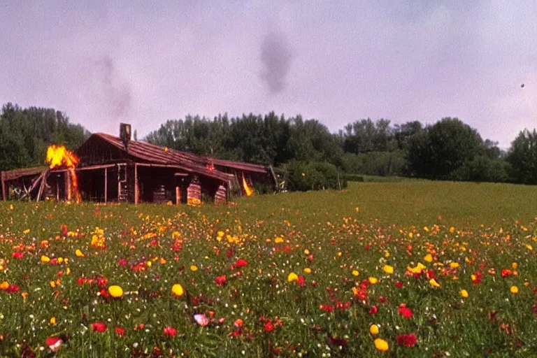 Image similar to vhs 1 9 8 0 s footage of a scene from the movie midsommar a - line shaped wooden building on fire, field of flowers