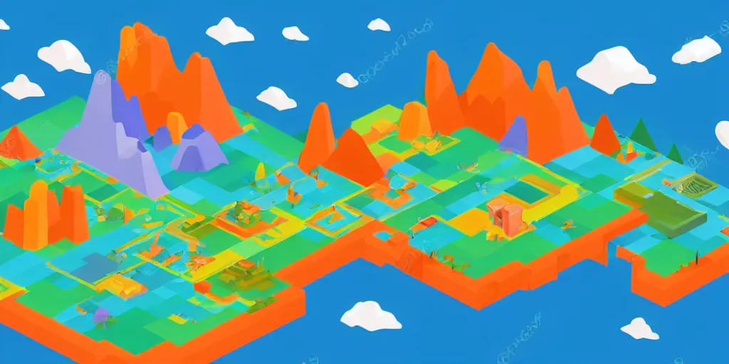 Image similar to an isometric colorful videogame world, epic mountains, azure ocean in the background, blocks