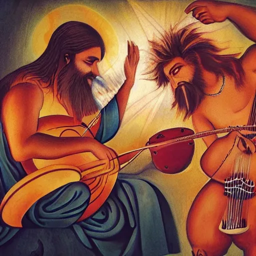 Prompt: God playing a gutair and the devil playing the drums, hyper realistic, HD, HQ, photo realistic