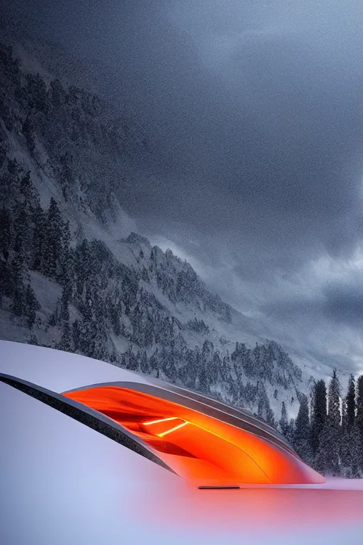 Image similar to a futuristic scene in front of a zaha hadid building in the forrest of the french alps in the style of chris moore, stormy weather with lightning, cinematic matte painting, extreme detail 8 k photo quality, orange lasers, snowfall, featured on behance