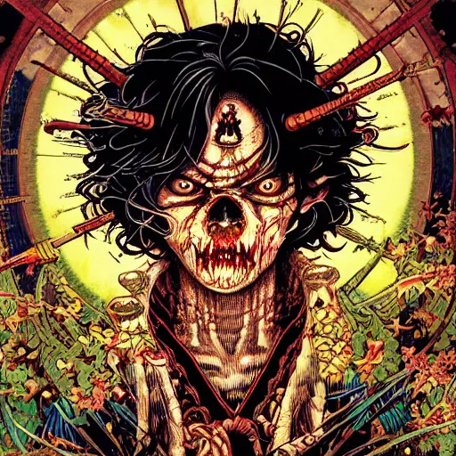 Image similar to portrait of crazy zombie, symmetrical, by yoichi hatakenaka, masamune shirow, josan gonzales and dan mumford, ayami kojima, takato yamamoto, barclay shaw, karol bak, yukito kishiro