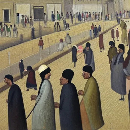 Prompt: painting of egyptian commuters heading to the central business district of cairo, painted by laurence stephen lowry, oil on canvas, national gallery