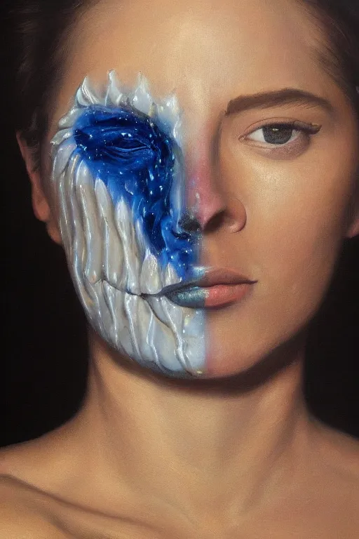 Image similar to hyperrealism oil painting, close - up portrait of face from a tangle of snakes fashion model, knight, steel gradient mixed with nebula sky, in style of baroque