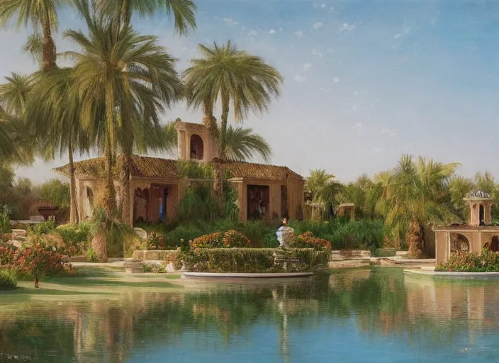 Image similar to A beautiful ultra-detailed painting of a garden villa with a lake in the middle of the arabic desert with a blue sky by Ludwig Deutsch, Trending on Artstation