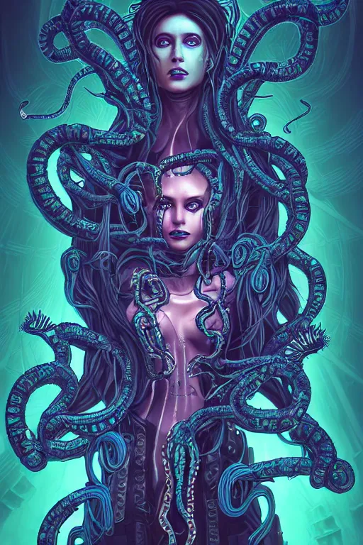 Image similar to Perfectly-centered hyperdetailed symmetrical cinematic surreal arthouse aetherpunk RPG professionally made portrait-illustration of a cyberpunk Medusa dressed in a lovecraftian dress with long ravepunk snakes as hair standing next to sinister otherworldly towers, bionic background, epic comic book cover style, 3D rim light, masterpiece, Gsociety, professional post-processing