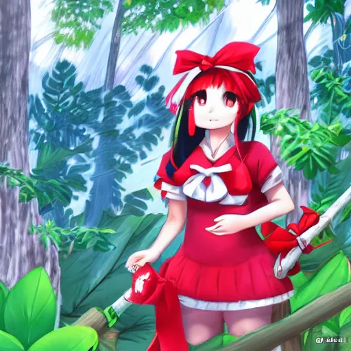 Image similar to a clipstudio of reimu in the jungle wearing bonnet