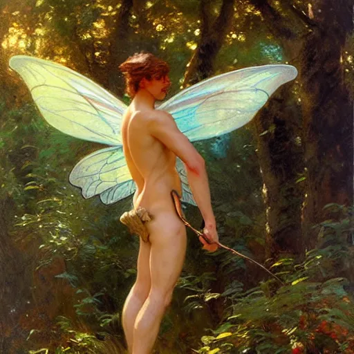 Image similar to attractive male fairy with wings in the forest, posing. highly detailed painting by gaston bussiere, craig mullins, j. c. leyendecker, 8 k