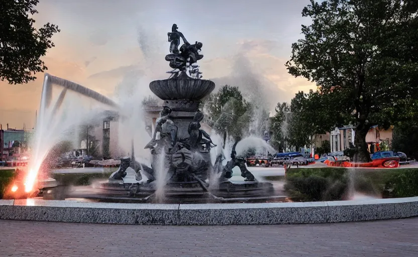 Image similar to a beautiful photo of a roundabout with an italian sculptural fountain shooting fire instead of water, sunset lighting, intricate detail, photorealistic