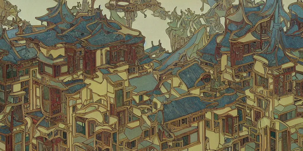 Image similar to a painting of abstract buildings like chinese ancient village houses by alphonse mucha and yves tanguy