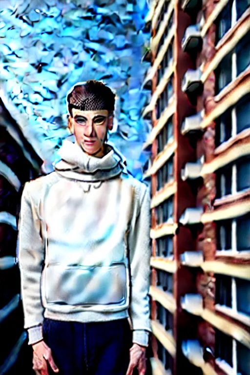 Image similar to un ultra high definition studio quality photographic art portrait of a young man standing on the rooftop of a british apartment building wearing soft padded silver pearlescent clothing. three point light. extremely detailed. golden ratio, ray tracing, volumetric light, shallow depth of field. set dressed.