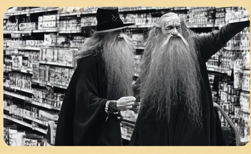 Image similar to security cam vhs footage of gandalf caught drunk stumbling around walmart,