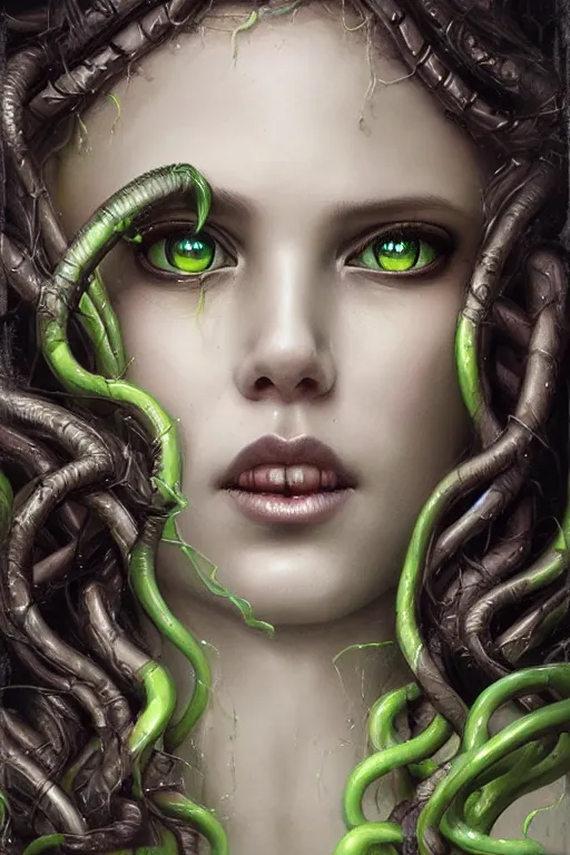 Prompt: a close - up portrait of a hauntingly beautiful medusa, painted by artgerm and tom bagshaw, fantasy art, dramatic lighting, green glows, highly detailed digital art