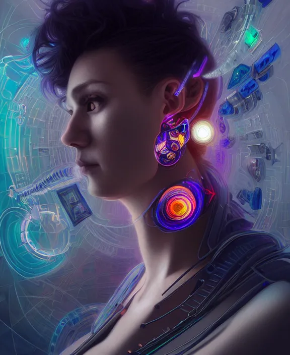 Image similar to a whirlwind of souls rushing inside the metaverse, hologram, half body, neurochip, shaved temple, piercing, jewelry, android, cyborg, cyberpunk face, by loish, d & d, fantasy, intricate, elegant, highly detailed, colorful, digital painting, artstation, concept art, art by artgerm and greg rutkowski and alphonse mucha