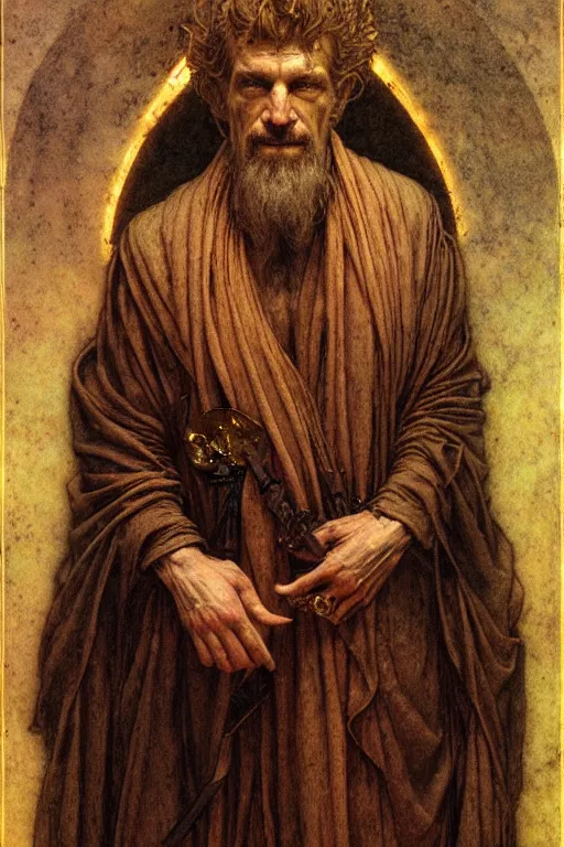 Image similar to a portrait of st cyprian by wayne barlowe, gustav moreau, goward,  Gaston Bussiere and roberto ferri, santiago caruso, and austin osman spare, ((((occult art))))