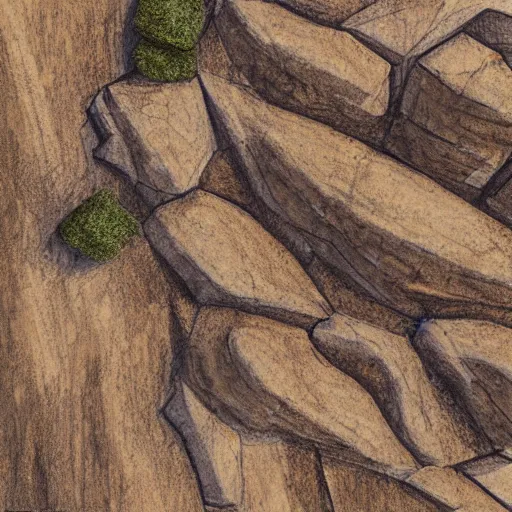 Image similar to masterpiece abstract intricate painting of detailed highly layered angled rocky field along a landscape surface of rectangular shapes. thin pencil rough sketch lines slanting down provide a sense of movement. drone view. beautiful use of light to create a sense of a stony surface. using architectural techniques with an engineering quality and a rich dark earthy color palette, providing a mathematical feel.