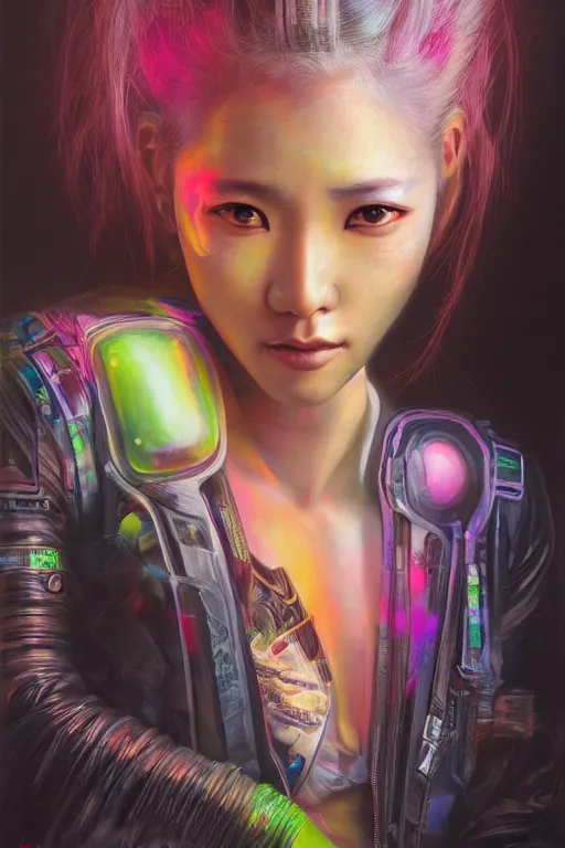 Prompt: stunning highly detailed portrait of a beautiful asian female cyberpunk, soft lighting, pastel neon colors, oil on canvas, strong lighting, by Glenn Fabry, HD, 4K