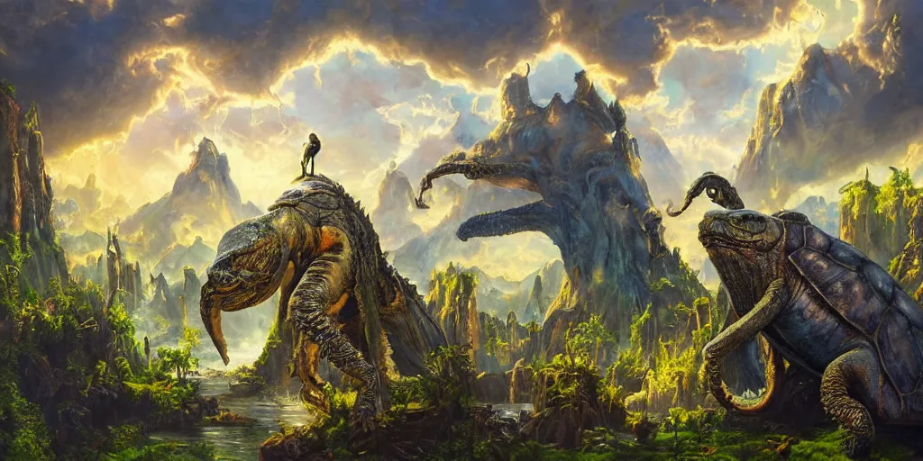 Image similar to fantasy oil painting, great leviathan, cybernetic turtle cephalopod terrapin reptilian pachyderm squid, bella hadid, hybrid, milla jovovich, anubis, epic natural light, lush plants flowers, spectacular mountains, bright clouds, luminous sky, outer worlds, golden hour, michael cheval, edward hopper, michael whelan, vray, hd