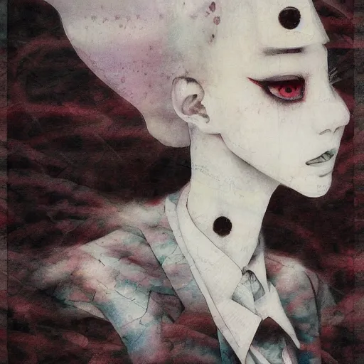 Image similar to yoshitaka amano blurred and dreamy realistic portrait of a woman with black eyes and white hair wearing dress suit with tie, junji ito abstract patterns in the background, satoshi kon anime, noisy film grain effect, highly detailed, renaissance oil painting, weird portrait angle, blurred lost edges, three quarter view