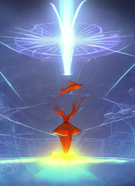 Prompt: the goldfish god at the center of the laser reflection array, dark scifi concept art