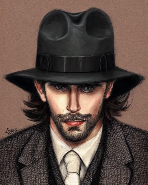 Image similar to portrait of a detective, zoomed in, noir, fedora, tweed coat, confident, handsome, heavy shading, vintage, high quality, centered, by artgerm, artstation, ( ( ( by ilya repin ) ) )