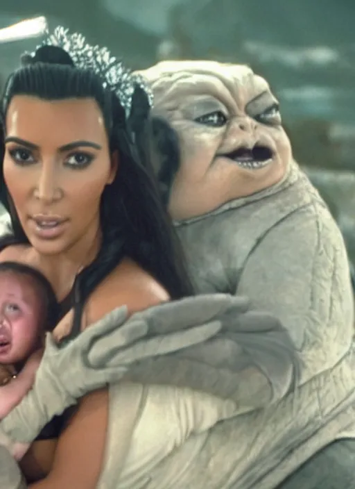 Prompt: film still of kim kardashian as princess leigha being held by jabba the hutt in star wars,