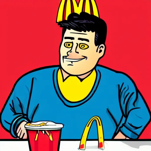 Prompt: Tim Dillon working at McDonalds because he lost all of his money leverage trading bitcoin, mike judge art style, 90s mtv illustration