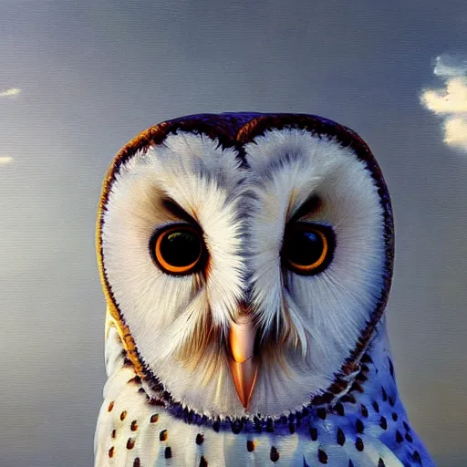 Prompt: hyperrealistic oil painting of a metal barn owl, by range murata and beeple and monet.