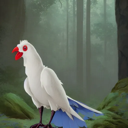 Image similar to concept art painting of an anthropomorphic humanoid albino raven wearing dark blue robes, in the deep forest, realistic, detailed, cel shaded, in the style of makoto shinkai and greg rutkowski and james gurney