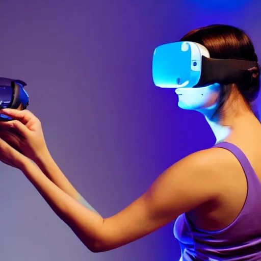 Prompt: classic art of a woman playing with a vr headset in a blue and purple lit room art