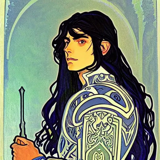 Prompt: painting of handsome beautiful paladin elf! man with long wavy dark hair in his 2 0 s named shadow taehyung at the blueberry party, wearing armor!, elegant, clear, painting, stylized, delicate, soft facial features, art, art by alphonse mucha, vincent van gogh, egon schiele,