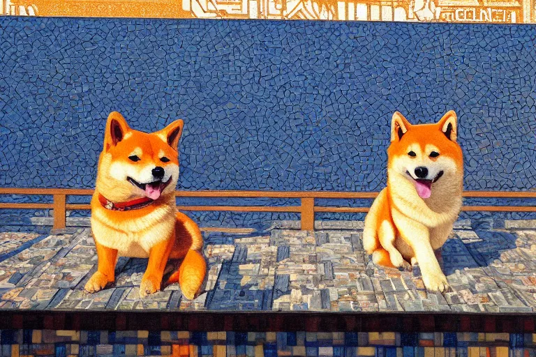 Prompt: painting of a shiba inu in a rooftop, watching new york, beautiful, sunset, romantic, by ludwig deutsch and maxfield parrish, patterned tilework, extremely detailed, cinematic lighting, smooth sharp focus