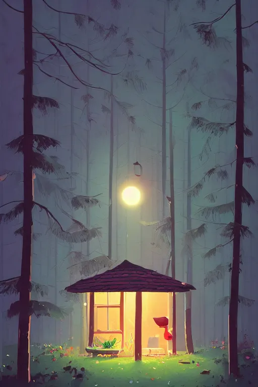 Prompt: the small house in the forest, at night, leaves in the air, mushrooms, gibli, james gilleard, atey ghailan, exquisite lighting, clear focus, very coherent, plain background, very detailed, vibrant, digital painting