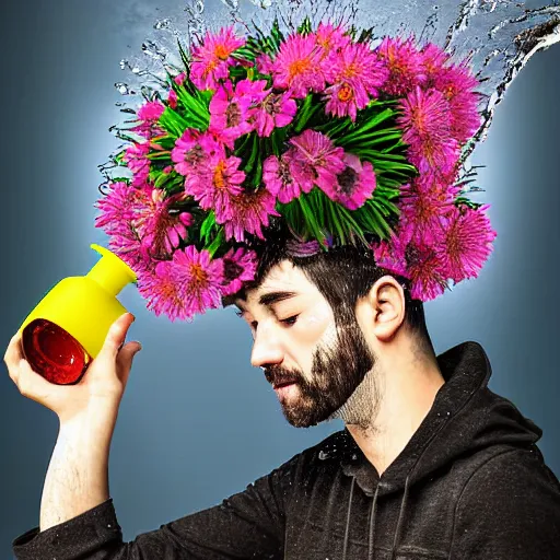 Image similar to man pouring water on head, flowers are in a pot on his head, the pot is part of his head, high detail, 8K digital art