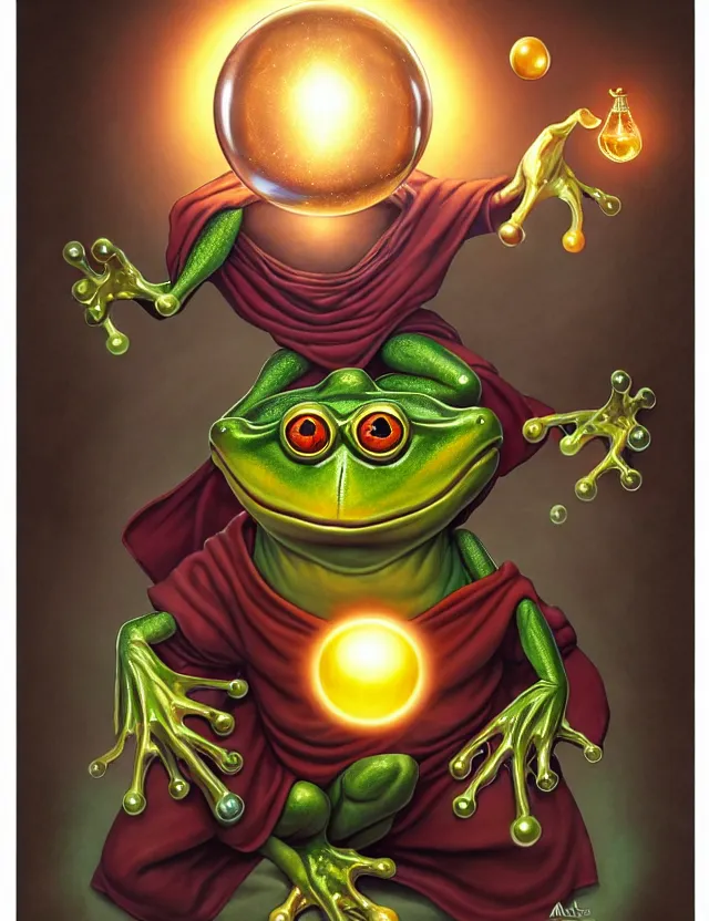 Prompt: anthropomorphic bipedal frog that is dressed as a medieval librarian, while holding a glowing orb, as a matte oil painting and d & d character art, by alex grey, standing, fullbody, floating bubbles, books, pages, bright, concept art, award - winning, extremely detailed, sharp focus