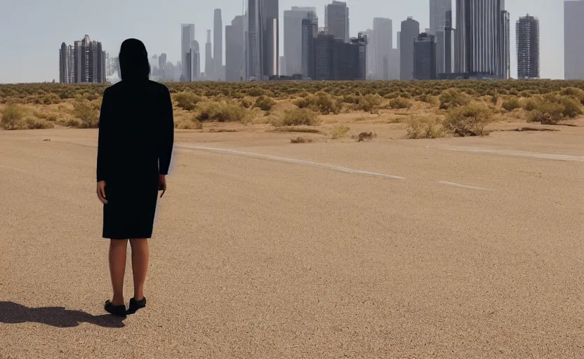 Image similar to photograph of a cell-shaded Honda EK9 Type-R, a techwear woman standing looking off into the distance, on a desert road with a futuristic city in the horizon, one point perspective, 1-point perspective, tilt shift, sigma 85mm f/1.4, 4k, depth of field, high resolution, 4k, 8k, hd, full color, octane render