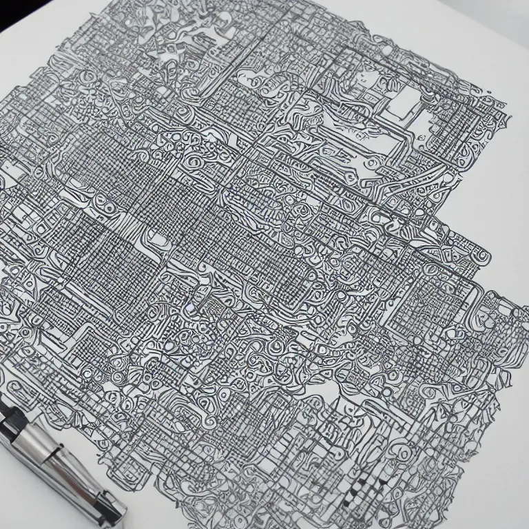 Image similar to notebook doodle architecture sketch with tessellating circuit board extremely intricate hyper detailed linework pen and paper