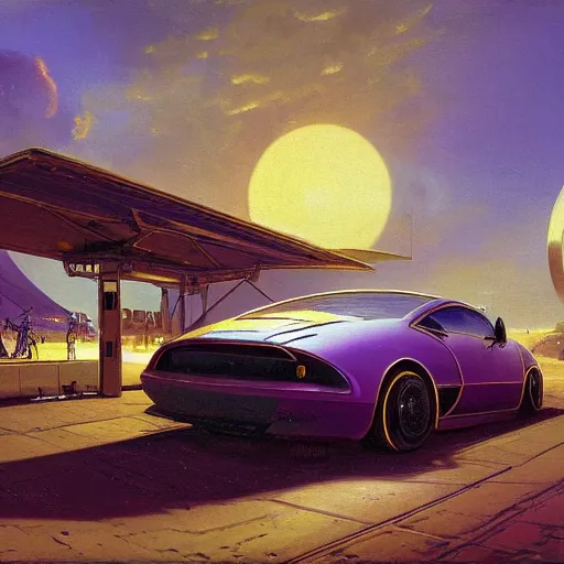 Prompt: painting of syd mead artlilery scifi organic electric car charging station with ornate metal work lands on a farm, fossil ornaments, volumetric lights, purple sun, andreas achenbach