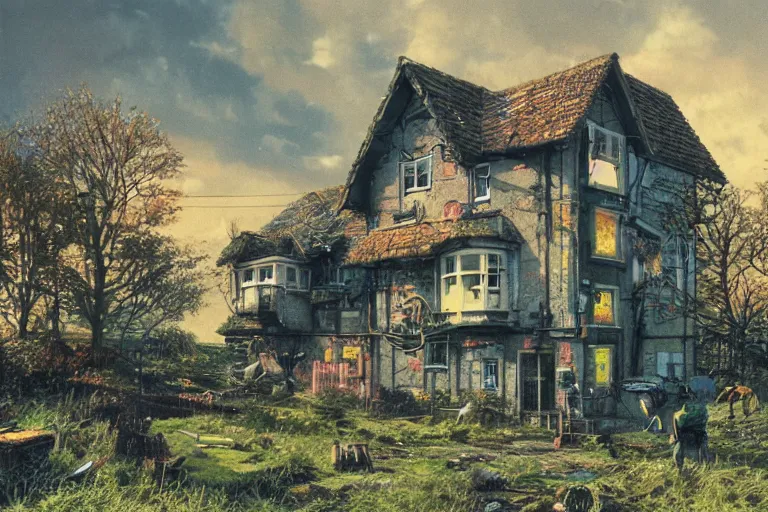 Prompt: cyberpunk, an estate agent listing photo of a 5 bedroom detached house in the countryside, by Paul Lehr, highly detailed, photorealistic, 8k, anamorphic, cinestill cinematrography