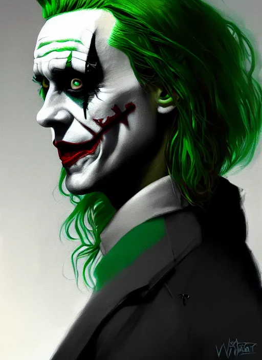 Image similar to portrait of jared leto as the joker, green hair, intricate, elegant, glowing lights, highly detailed, digital painting, artstation, concept art, sharp focus, illustration, art by wlop, mars ravelo and greg rutkowski