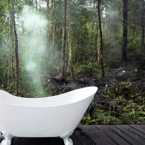 Image similar to pristine porcelain bath filled with bubbles in a clearcut rainforest, slash and burn, cleared forest, deforestation, bubble bath, overflowing with bubbles, tree stumps, smouldering charred timber