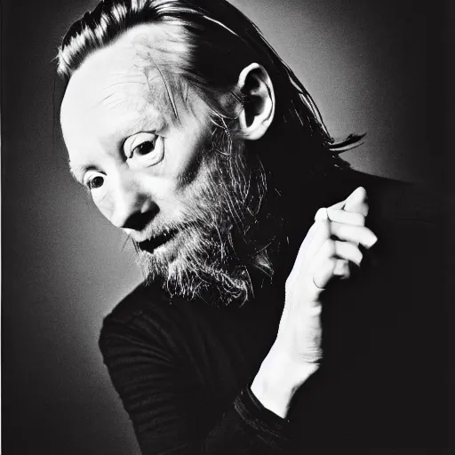 Image similar to old aged Thom Yorke, Radiohead singer Thom Yorke, holding the moon upon a stick, with a beard and a black jacket, a portrait by John E. Berninger, dribble, neo-expressionism, uhd image, studio portrait, 1990s