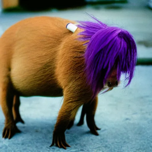 Image similar to 3 5 mm film photo of capybara smoking a cigarette wearing a purple wig