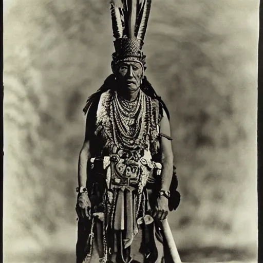 Image similar to vintage photo of an aztec king by edward s curtis, photo journalism, photography, cinematic, national geographic photoshoot