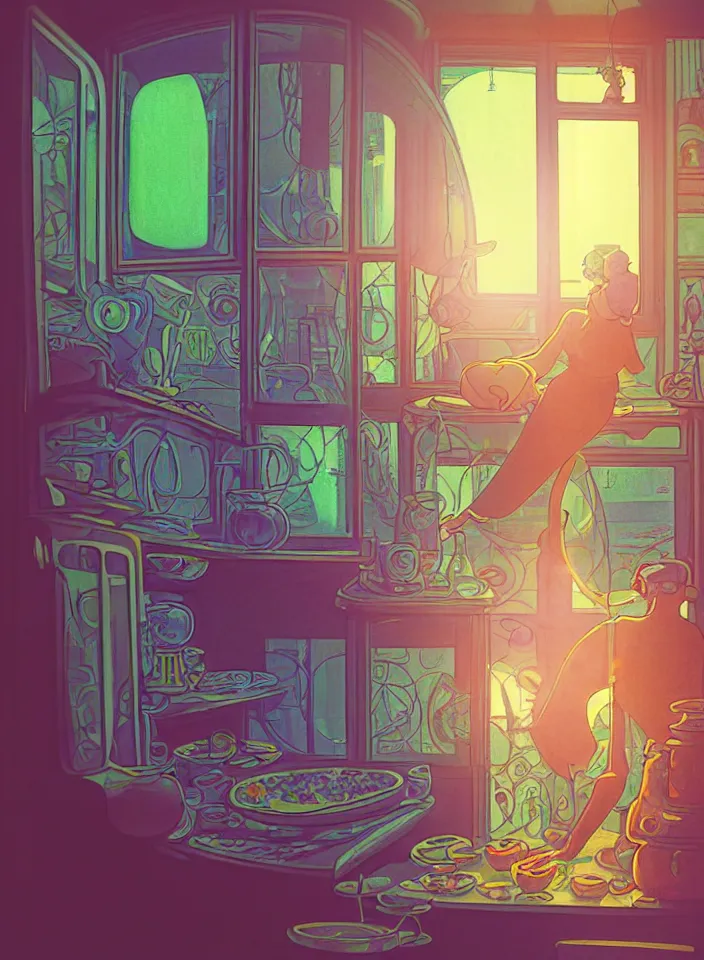 Image similar to telephoto 7 0 mm f / 2. 8 iso 2 0 0 photograph depicting the feeling of chrysalism in a cosy safe cluttered french sci - fi ( ( art nouveau ) ) cyberpunk apartment in a pastel dreamstate art cinema style. ( person cooking ) ( ( fish tank ) ), ambient light.