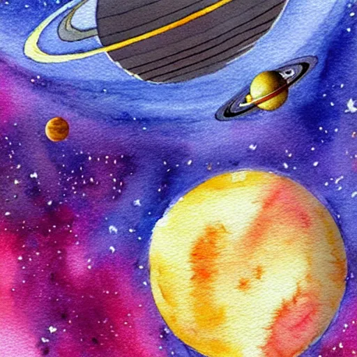 Image similar to a spaceship flying through a solarsystem in front of a pink planet, watercolor